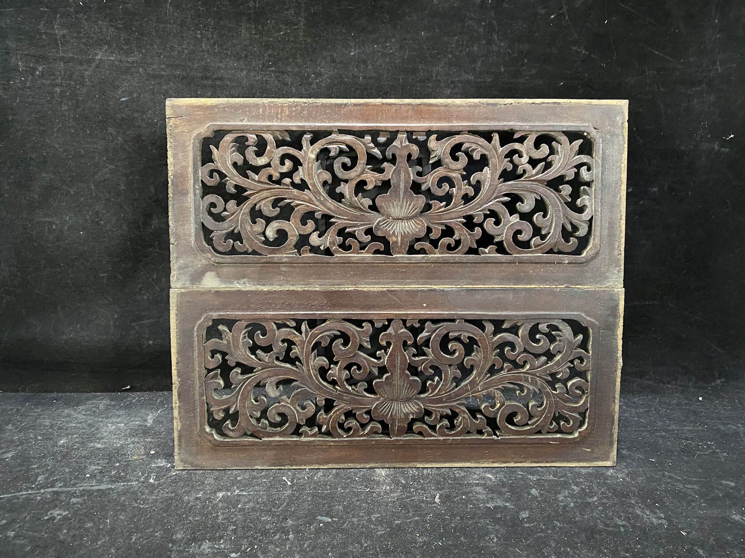 清代透雕卷草纹花板一对古玩古董木雕木件收藏中式明清古典