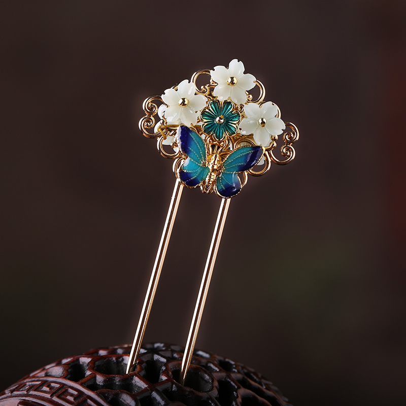 烟雨江南 双面u型发簪古装古风丸子头发饰汉服旗袍 配饰华丽盘发头饰