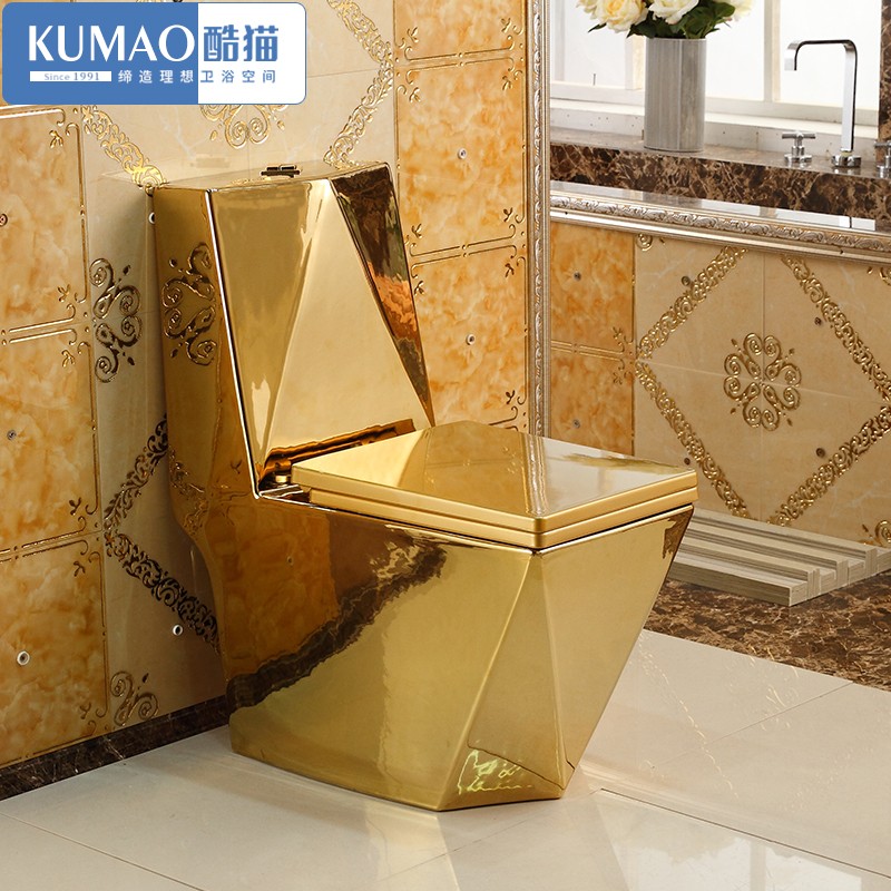 酷猫(KUMAO)家用抽水金色马桶虹吸式节水欧式坐便器彩色陶瓷方形钻石座便器 300坑距