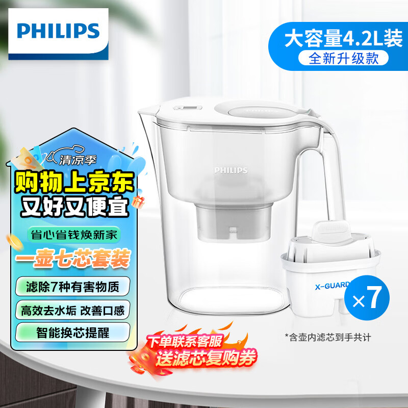 飞利浦（PHILIPS）全新升级净水壶 家用滤水壶 厨房自来水过滤净水器 AWP2814WHT 一壶7芯