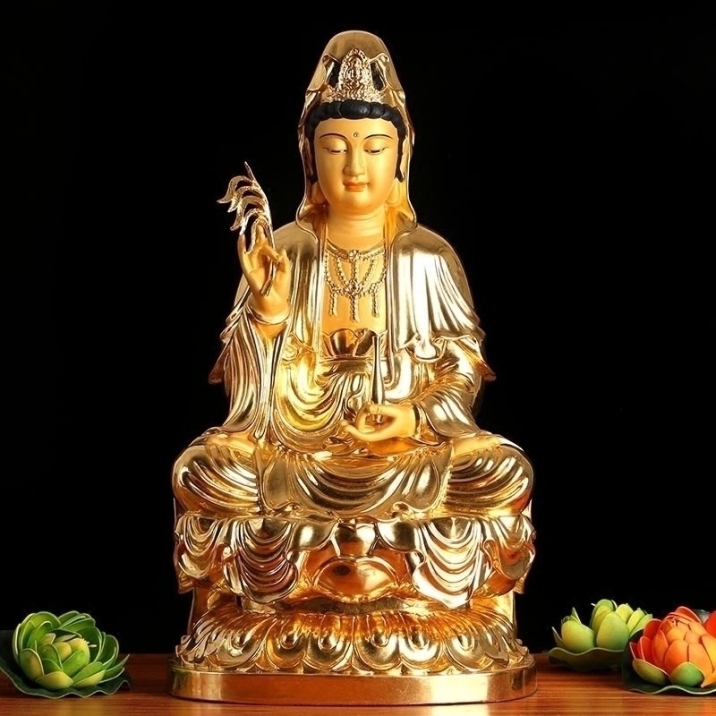 圆通工艺 观世音菩萨佛像纯铜贴金摆件镇家用宅用品西方三圣娑婆三圣