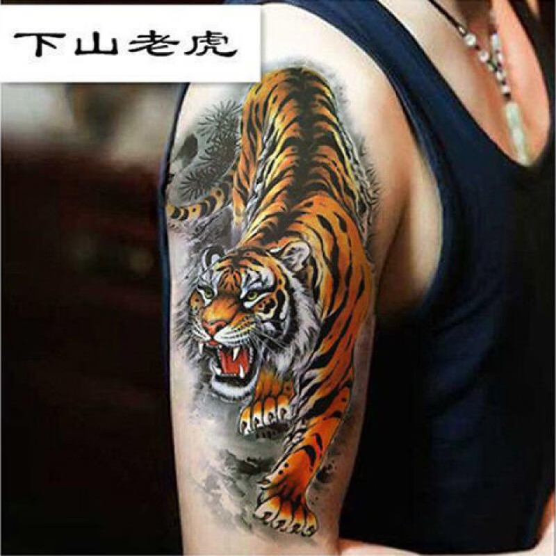 纹身贴花臂纹身贴花臂防水仿真潮男老虎猛虎下山遮疤痕手臂黑白个性
