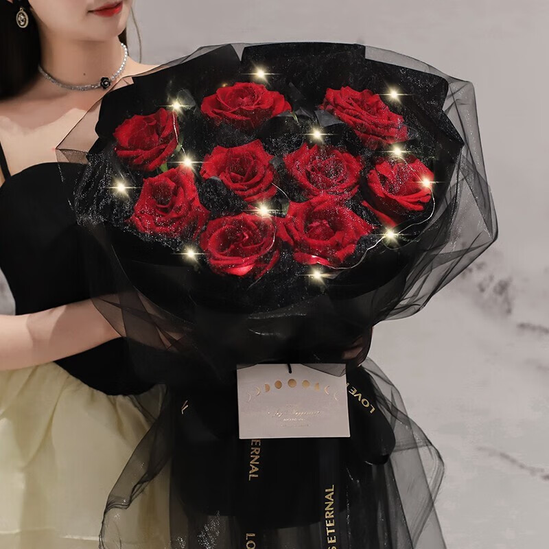 红玫瑰花束生日礼物送女朋友老婆同城配送 黑纱款—9朵玫瑰花|dy630
