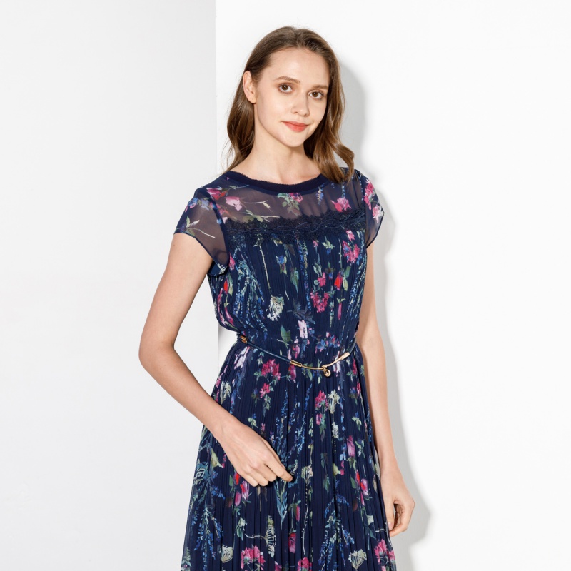 meiermei玫而美连衣裙女圆领短袖长款时尚雪纺印花腰带收腰夏季过膝