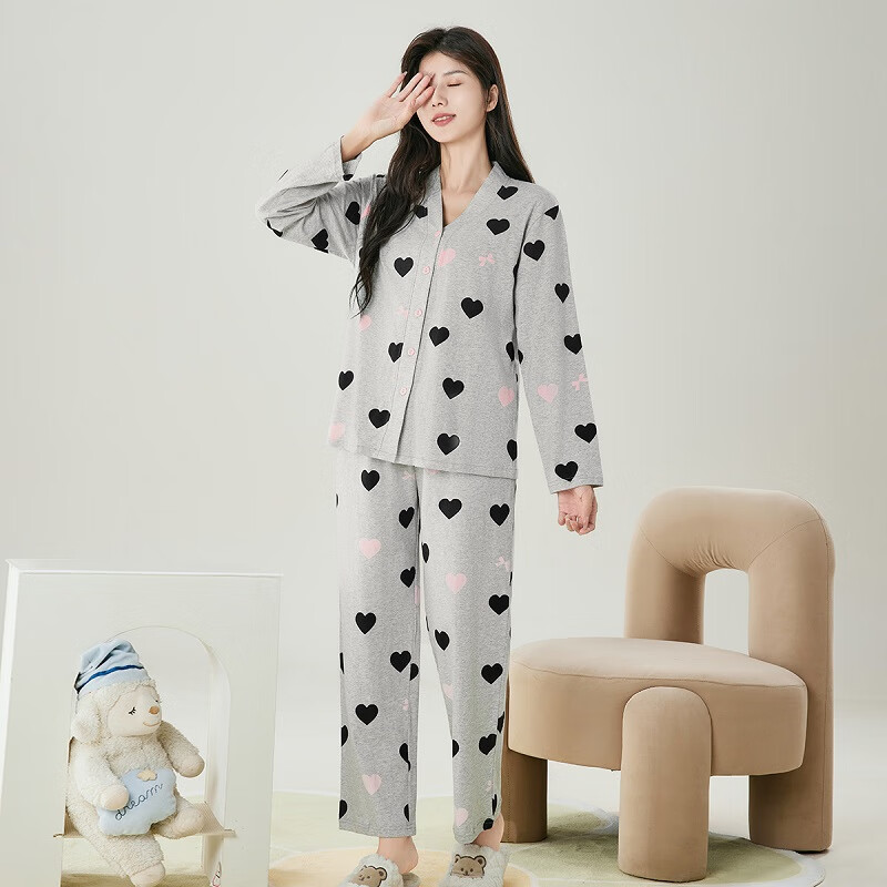 芬腾睡衣女【100%棉可外穿】开衫V领少女长袖女家居服套装 灰色 L
