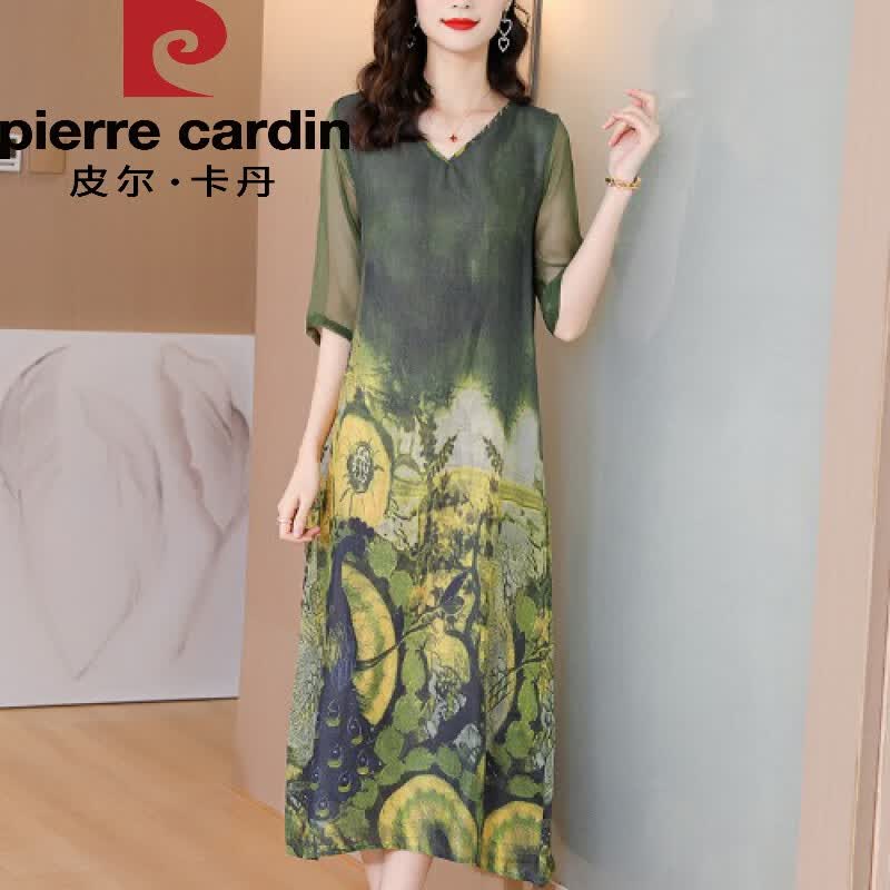 皮尔卡丹蚕素女装真丝春夏新款宽松连衣裙高端洋气质显瘦碎花桑蚕丝