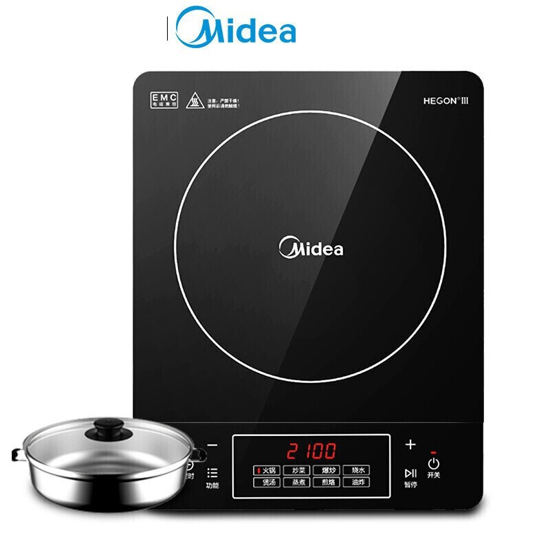 美的（Midea）电磁炉 家用多功能大功率智能滑控电池炉套装C21-Simple101 黑色