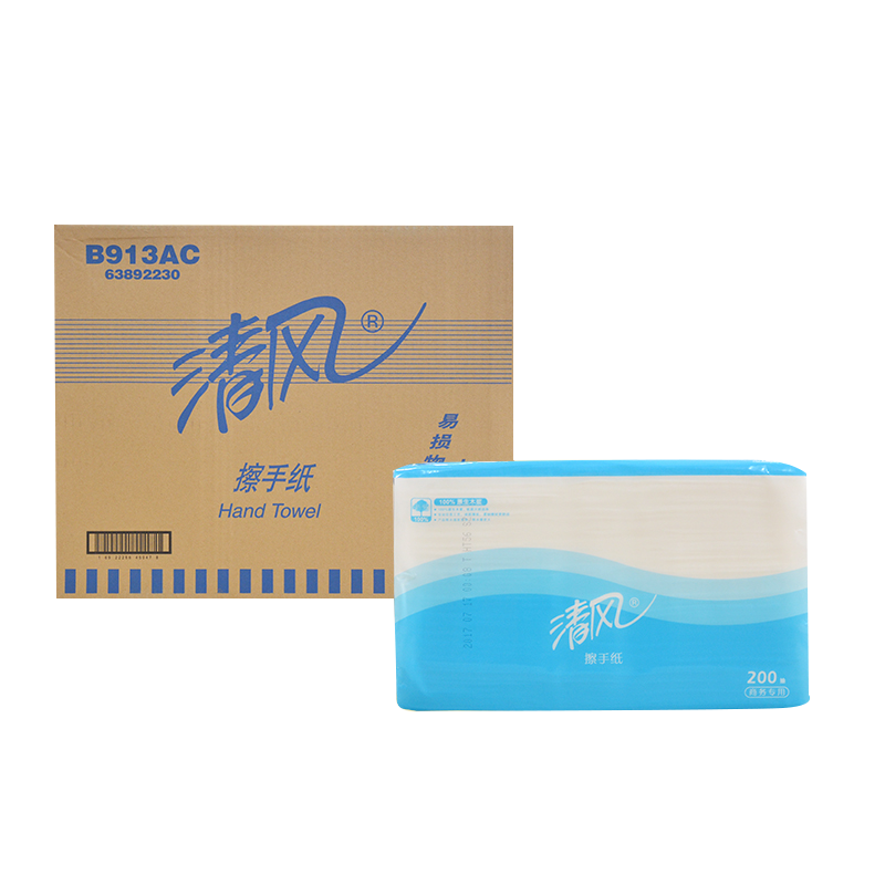 清風(fēng)三折擦手紙B913A干手紙吸水紙酒店商務(wù)公用紙巾200抽*20包
