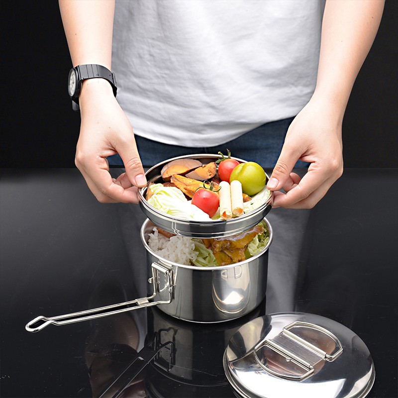 304不锈钢蒸饭餐盒二层学生食堂打饭便当盒免费刻字圆形饭盒全钢加厚