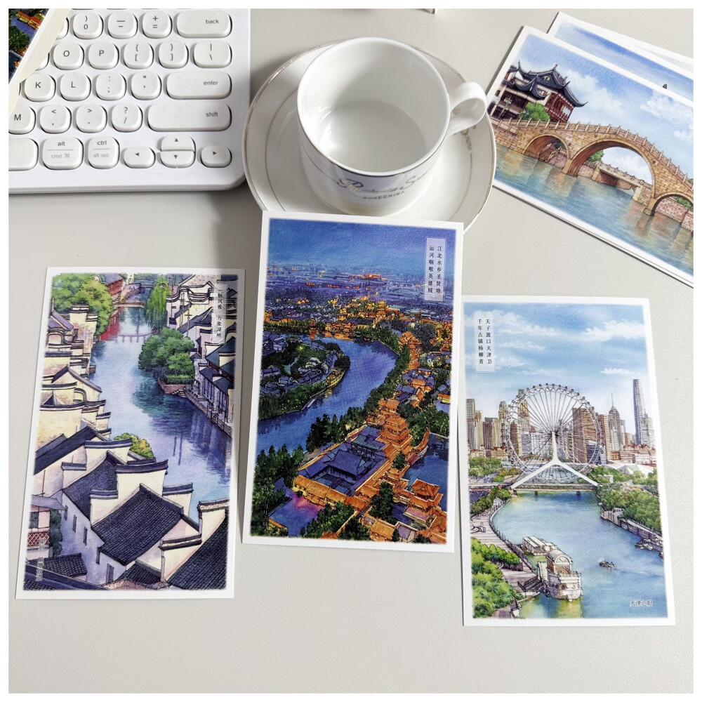 文创手绘京杭大运河15张沿途风景地标明信片浙江江苏山东天津通州