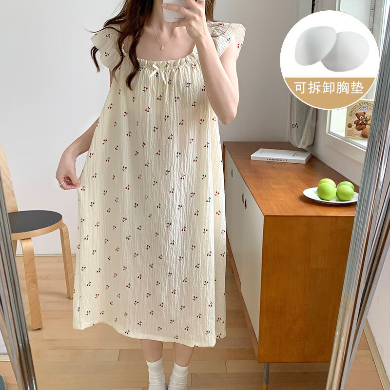 睡衣女夏季韩版甜美风泡泡棉吊带睡裙带胸垫家居服可外穿 510#小樱桃 M