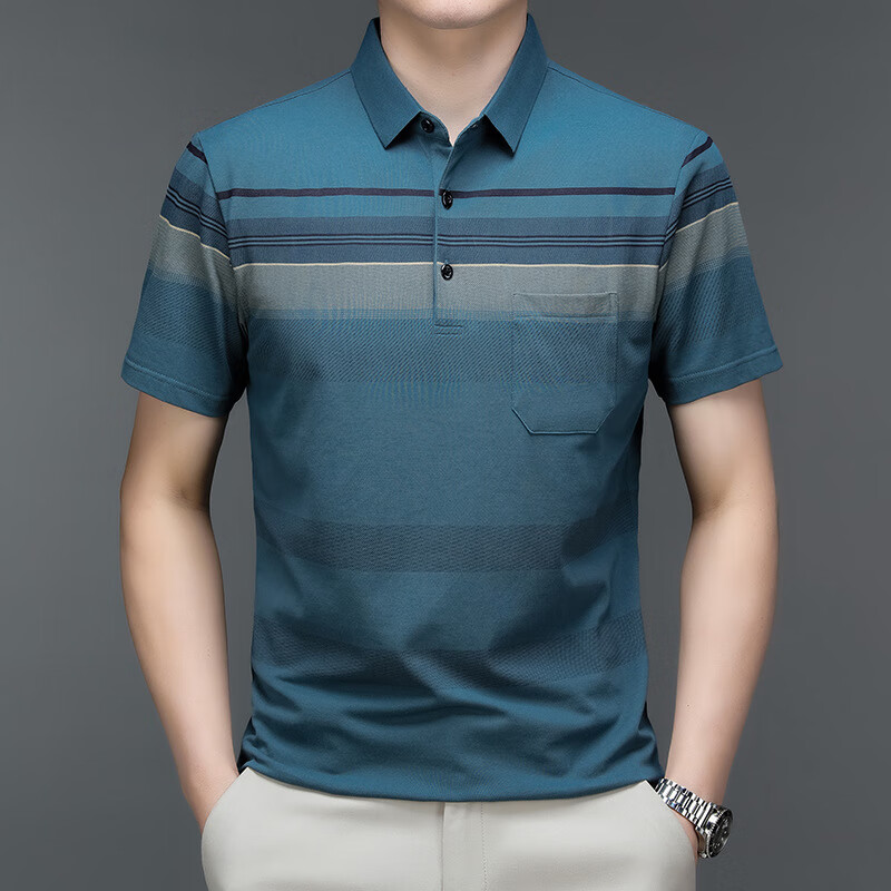 男t恤夏季新款男式短袖翻领纯棉polo商务有口袋爸爸装男士t恤 牛仔蓝