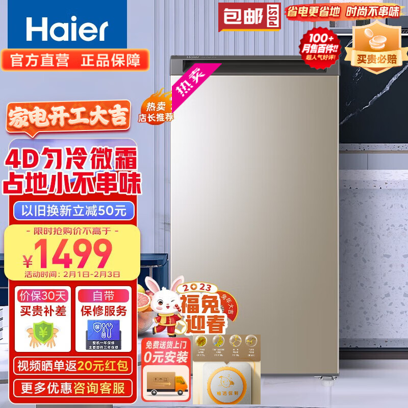 海尔（Haier）【囤货】Haier/海尔冰柜家用小型立式冰柜102/148/193升母婴母乳冻柜小冰箱小冰柜以旧换新 148MDT 匀冷微霜  抽屉分储