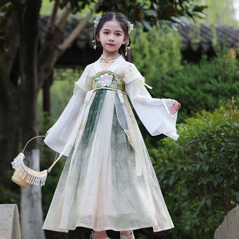 九虞氏女童汉服连衣裙襦裙儿童汉服童装夏季中国风中大童唐装公主裙 清合如故绿 170 (适合153-162cm)