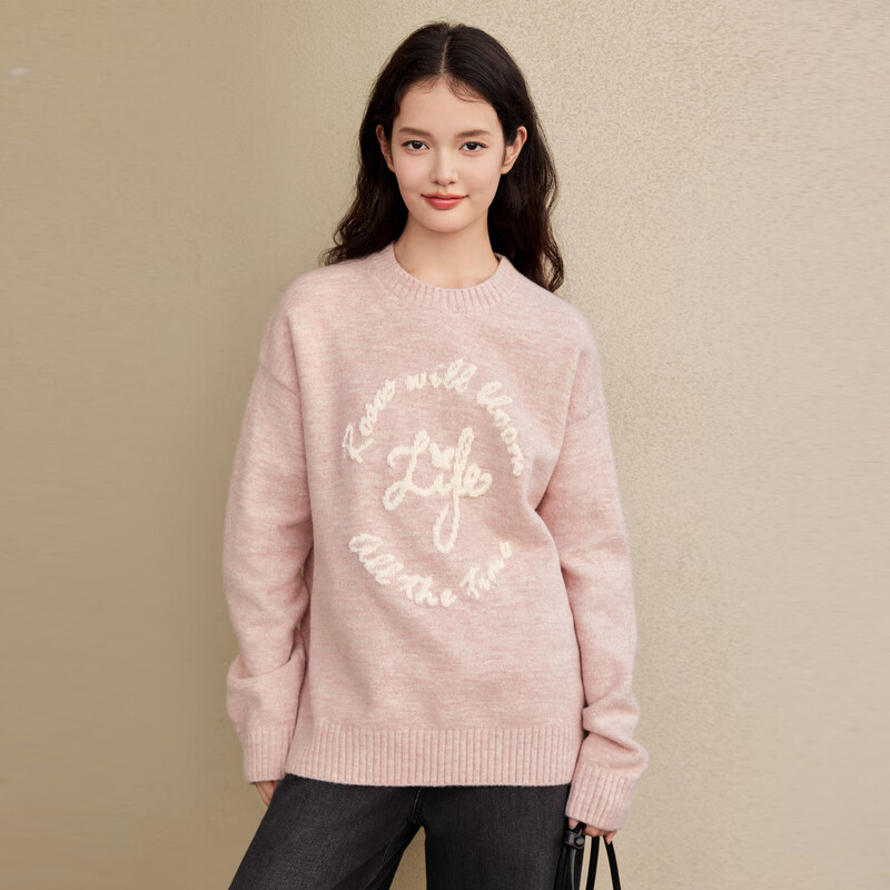 乐町圆领字母线套衫女20宽松针织毛衫慵懒感毛衣潮 婚礼玫瑰（现货） M