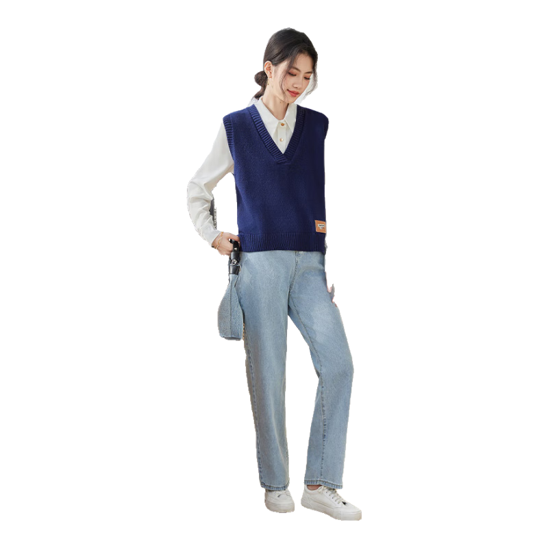 品彩（PinCai）針織馬甲女v領(lǐng)針織衫背心外搭無袖坎肩毛衣寬松上衣 P137Z5837