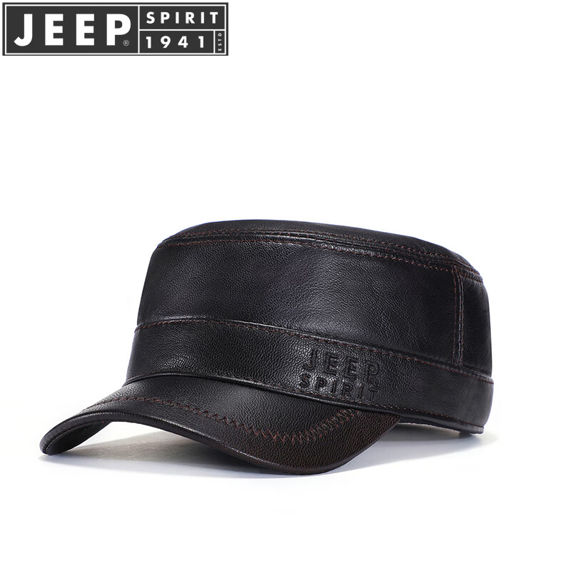 吉普旗舰真皮平顶帽男士户外休闲潮羊皮男四季款美式时尚休闲帽子ca