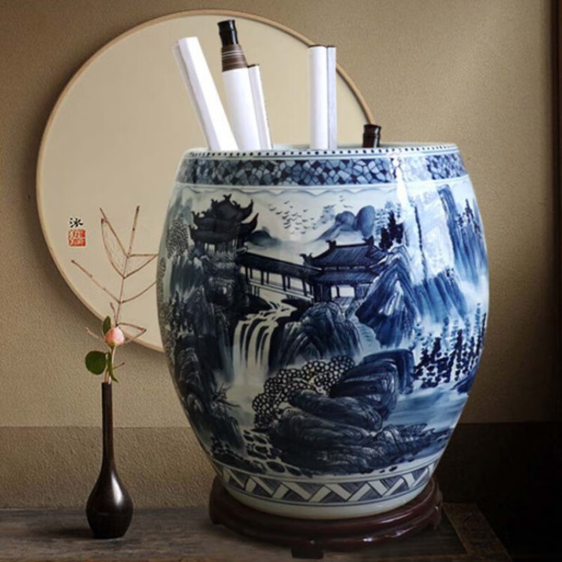 景德镇陶瓷书画缸手绘青花瓷瓶仿古瓷器画缸字画筒卷轴缸书房收纳