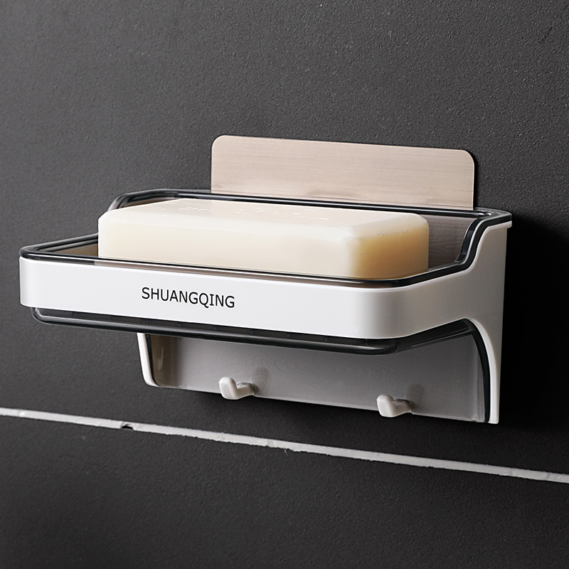 肥皂盒架 壁挂式卫生间洗手台双层沥水置物架 免打孔带挂钩香皂架子