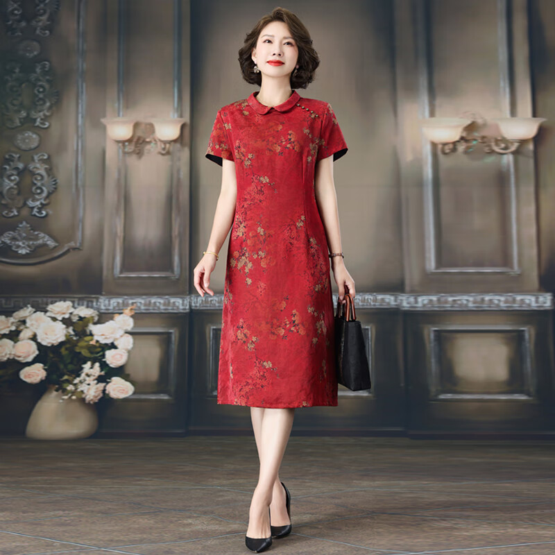 雅格罗伊高档真丝旗袍喜婆婆连衣裙妈妈婚宴礼服大牌香云纱连衣裙真丝