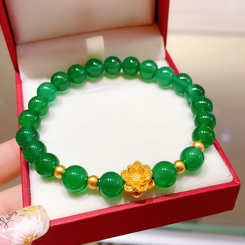 周大福999硬金玉髓玛瑙莲花手链手串转运珠手饰女情人节礼物 莲花 绿