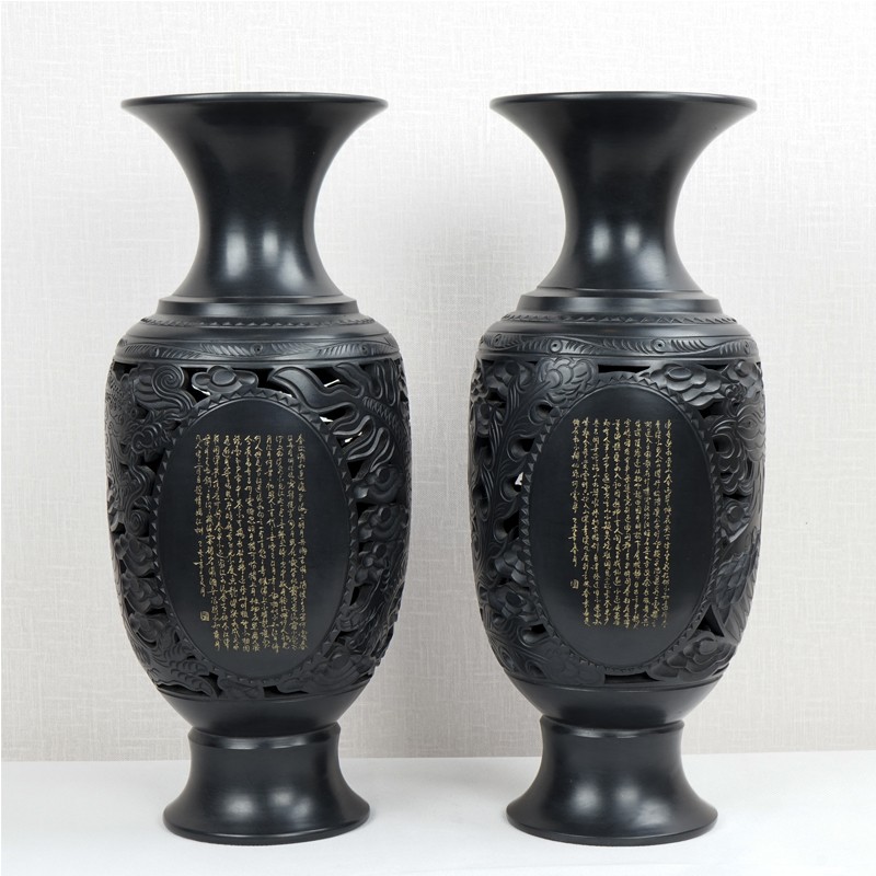 华夏记忆山东龙山黑陶龙凤对瓶非遗手工艺品商务礼品家居装饰品花瓶