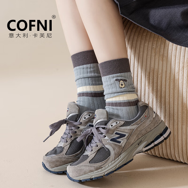 Cofni袜子女纯棉100%棉袜复古中长筒袜可爱卡通刺绣堆堆袜抗菌防臭吸汗 6双礼盒装: 小狗小兔任选 6双 均码