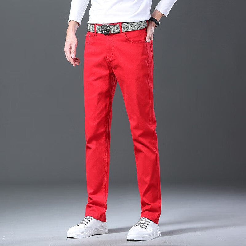 jacktomslee新款大红色休闲裤男修身直筒裤显瘦长裤弹力本命年男裤子
