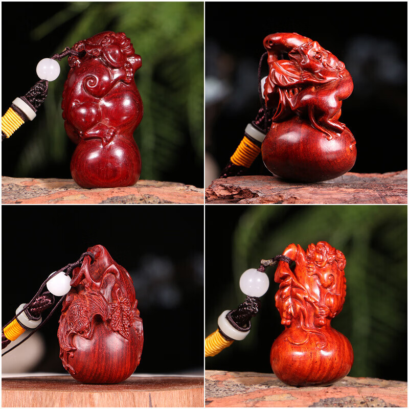 小叶紫檀木雕葫芦手把件 木雕貔貅文玩蝙蝠把玩件 红木手捻小葫芦籽 小叶紫檀福禄双全手把件