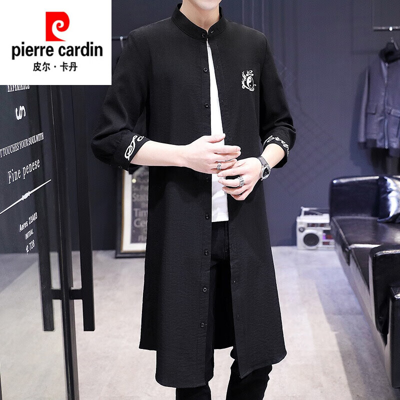皮爾卡丹（pierre cardin） 夏季風衣男薄款透氣服帥氣棉麻外套長款過膝披風唐長衫 黑色 L