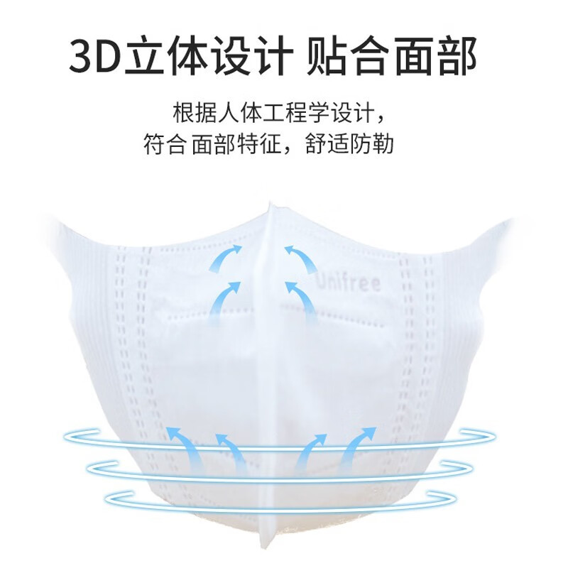 unifree一次性口罩3D立体防护 3层防护防飞沫 透气含熔喷布 30片/盒 【秒变小V脸】黑色M码30只