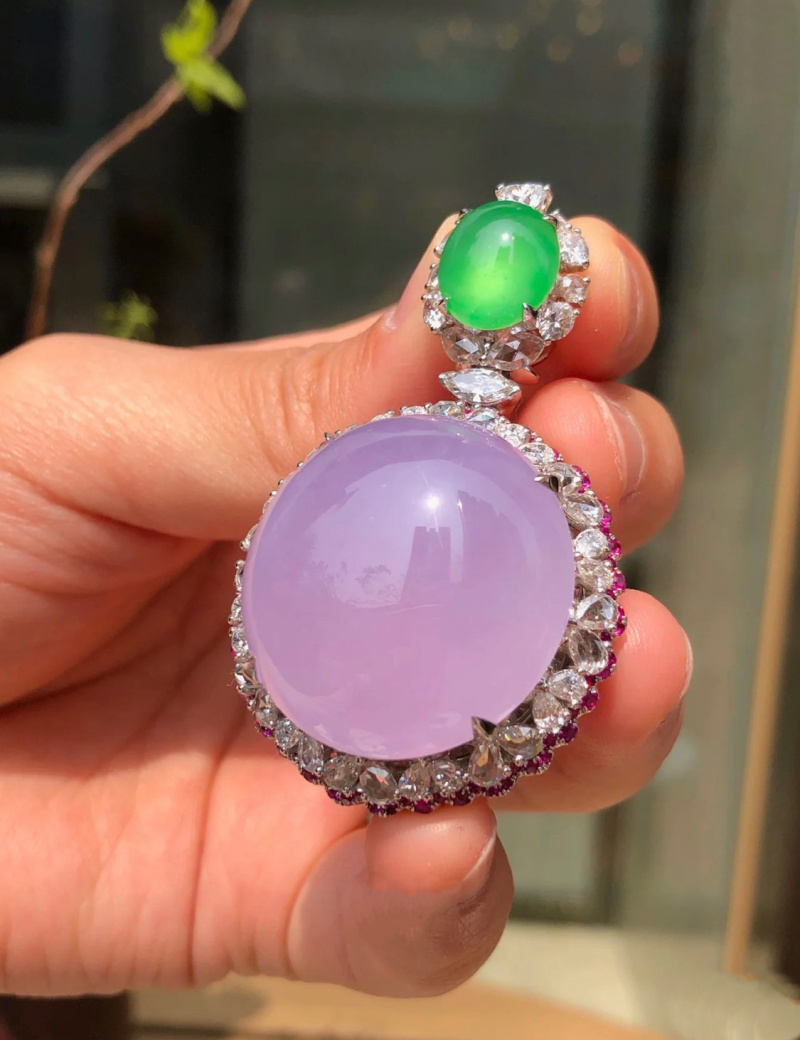 缅甸翡翠蛋面吊坠 紫罗兰玉坠a货粉紫冰种项链 18k水晶挂 送女朋由