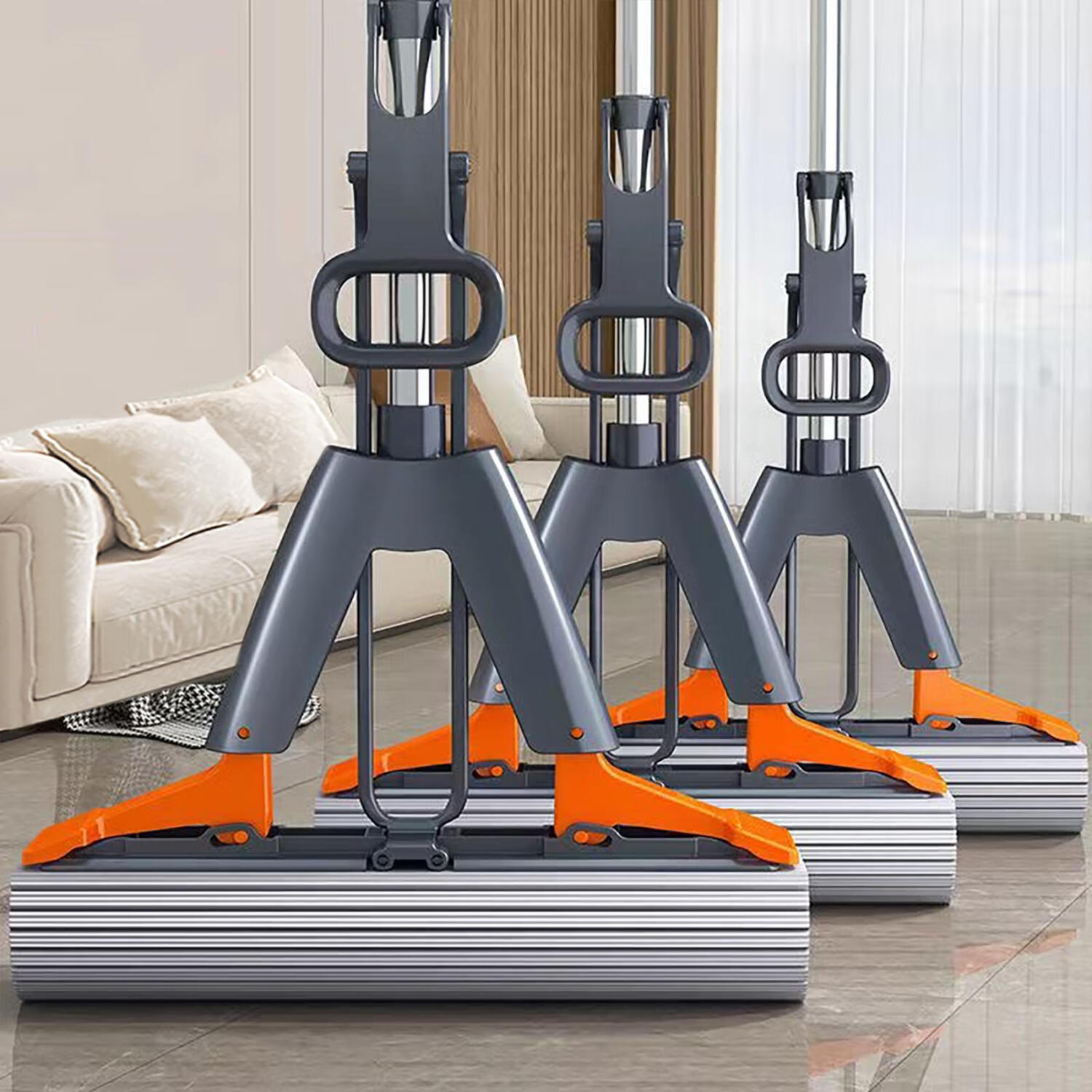 华威曼对折式拖把懒人强吸水家用大号免手洗一拖净拖布胶棉拖 28cm拖把套装+1个棉头-颜色随机