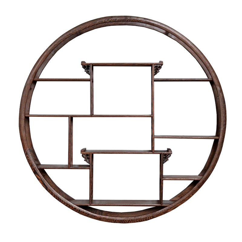 田门前 实木中式圆形木小博古架挂墙上多宝阁壁挂式置物架古董摆件架 挂壁式圆形40款 1米以下