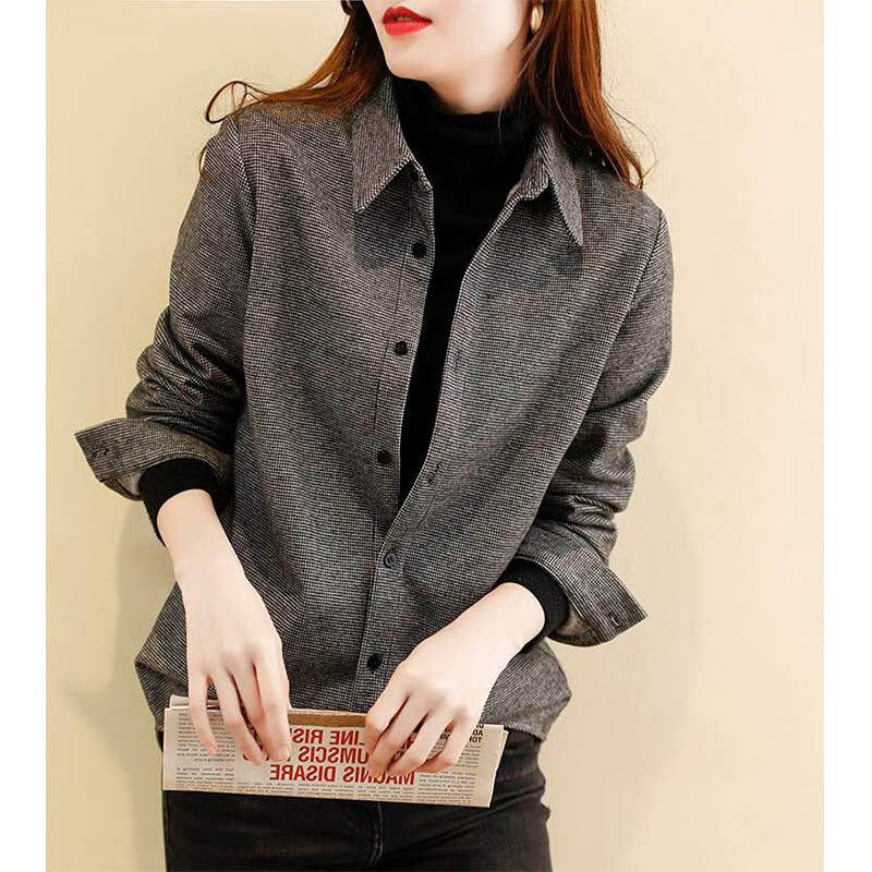 漫花格女衬衫春秋冬新款千鸟格毛呢衬衫女polo翻领时尚单排扣秋冬衬衣