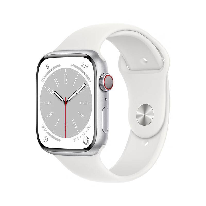 Apple Watch Series 8 智能手表GPS + 蜂窝款45毫米银色铝金属表壳白色运动型表带 MP4L3CH/A