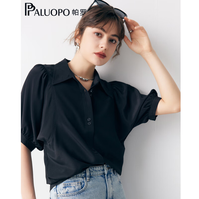 帕罗（PALUOPO）【慵懒气质】夏季季真丝衬衫领质感纯色泡泡袖桑蚕丝女士上装衬衣 黑 M (160/84A)