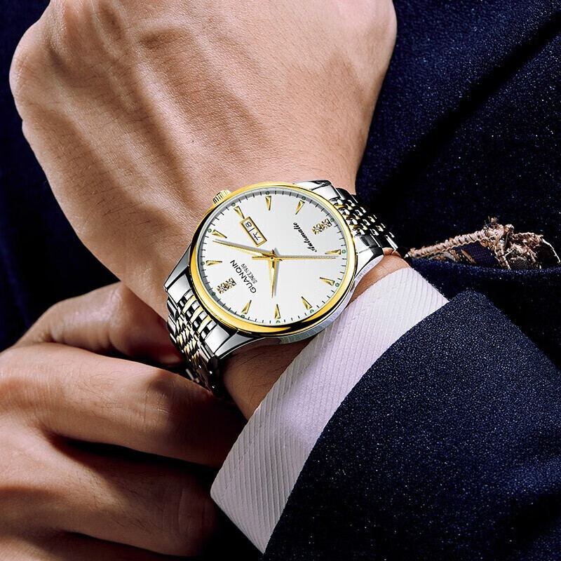 冠琴（GUANQIN） 名表 新款手表男士全自动机械商务休闲防水夜光男表精钢时尚简约 冠琴 16221间金白面 免费刻字