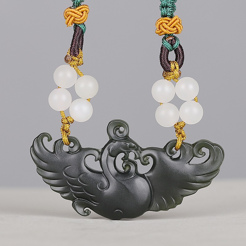 简瑶 双面精雕新疆和田玉青玉凤凰吊坠女镂空仿古凤玉佩玉石项链玉坠