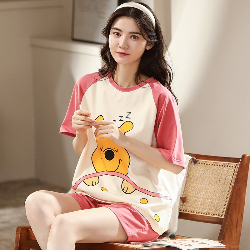 馨爱百年睡衣女夏天短袖韩版休闲简约加大码棉质家居服可外穿短裤套装