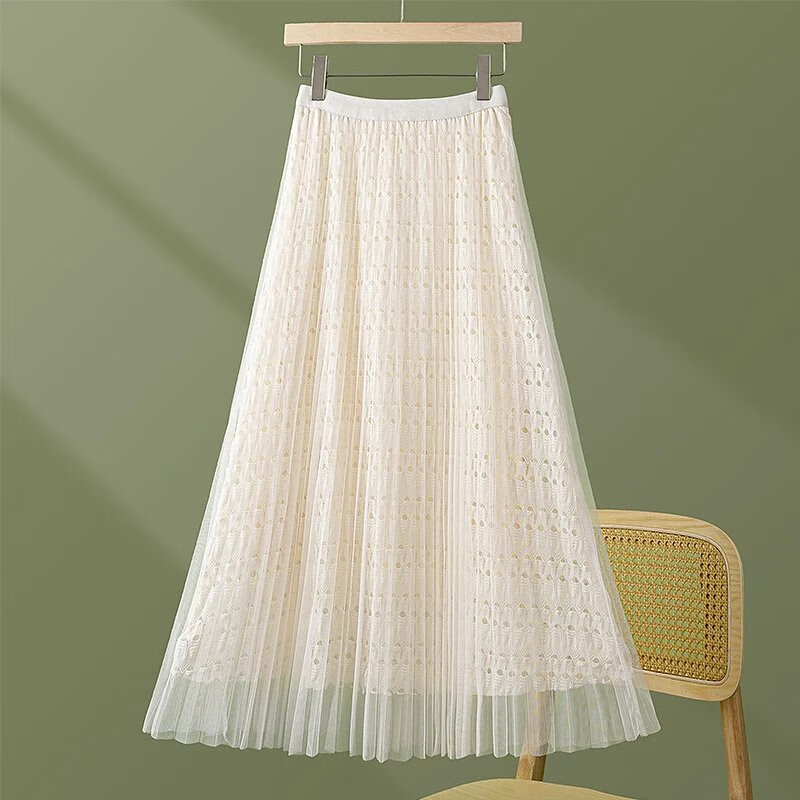blldr潮牌蕾丝镂空百褶网纱半身裙女夏新款高腰显瘦中长款垂感大摆