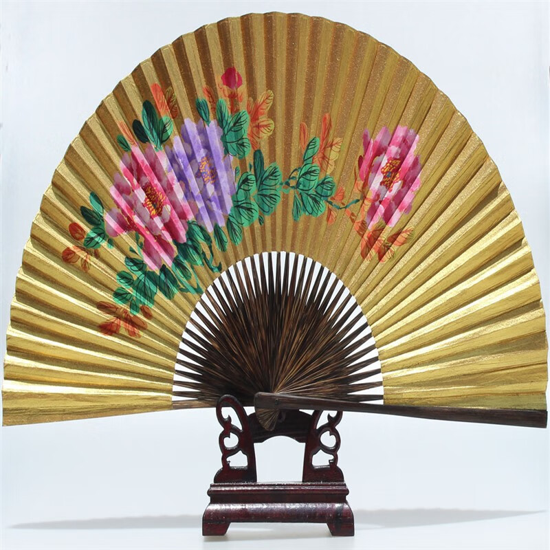 工艺绍兴传统全棕黄金刷金泥金折扇子 戏曲专 9寸40骨全棕手绘泥金扇