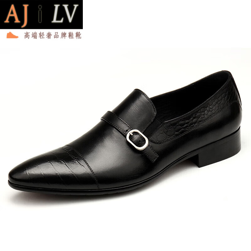 真皮搭扣尖头压花牛皮鳄鱼纹商务正 流行黑色 35 标准国内皮鞋尺码