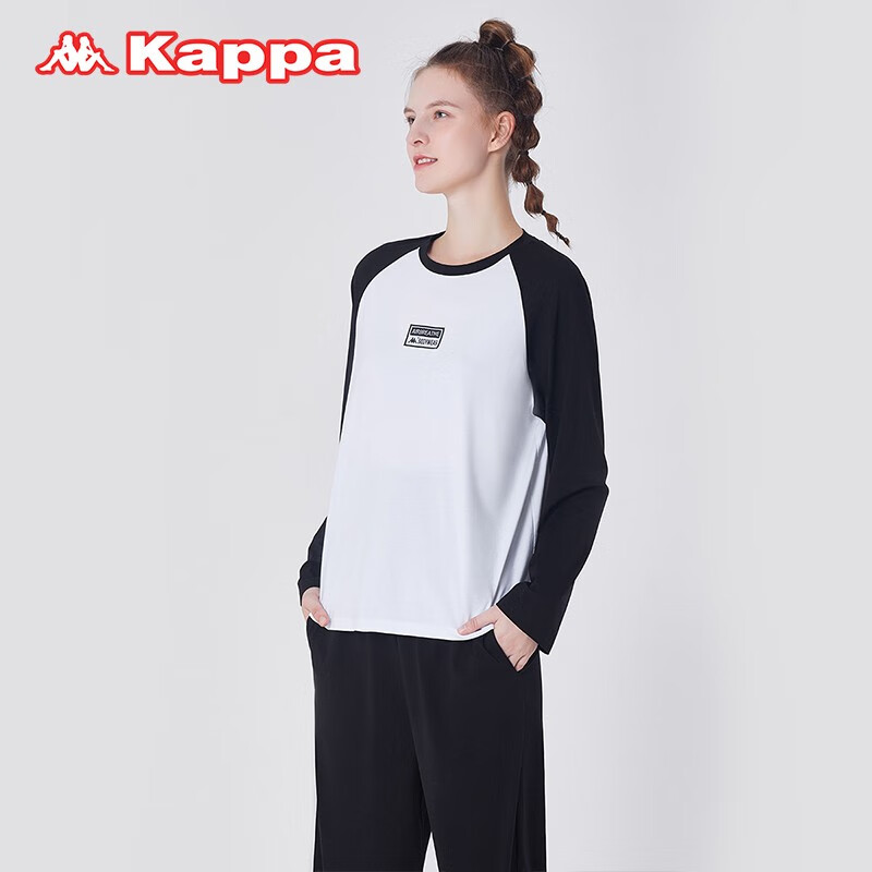 KAPPA卡帕女士睡衣女棉长袖套装时尚拼接套头大码宽松外出家居服女 黑白 L 建议(105-120斤)
