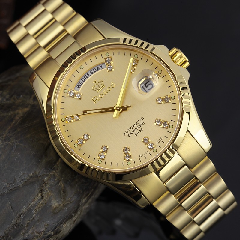 roacd瑞士注册国检双认证劳莱斯顿手表男士夜光日历镂空机械土豪金表