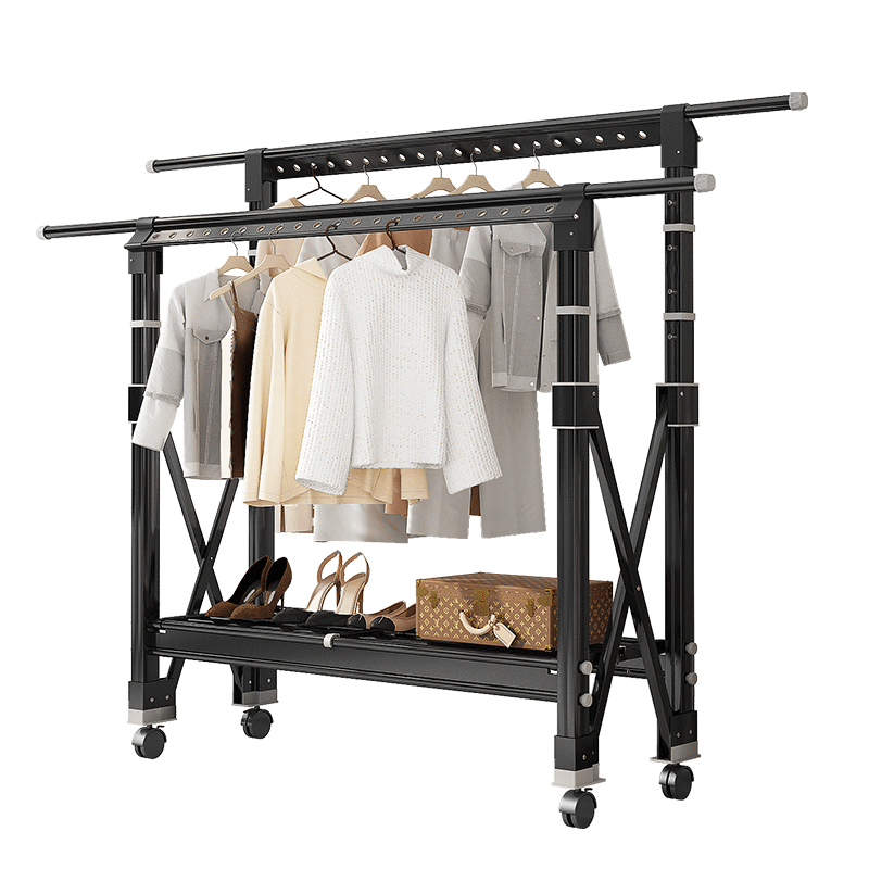 创硕 晾衣架双杆加固落地折叠晾衣杆可升降铝合金伸缩晒衣架免安装晒被子神器 十代典雅黑小号【万向轮】