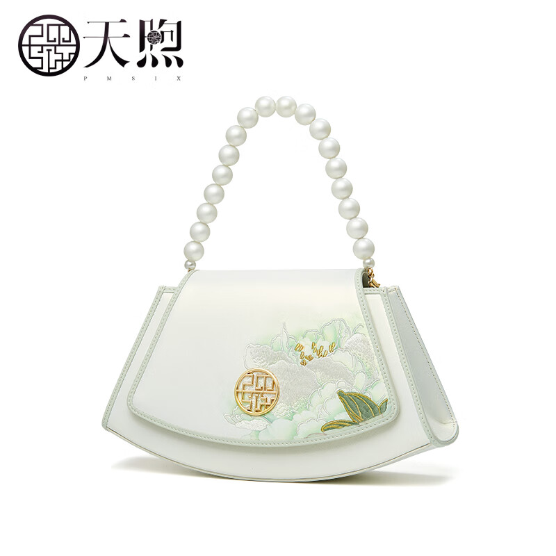 PmSix复古中国风绣花女包生日礼物送妈妈包牛皮女包中年女士单肩斜挎包 珠光白-刺绣-礼盒装