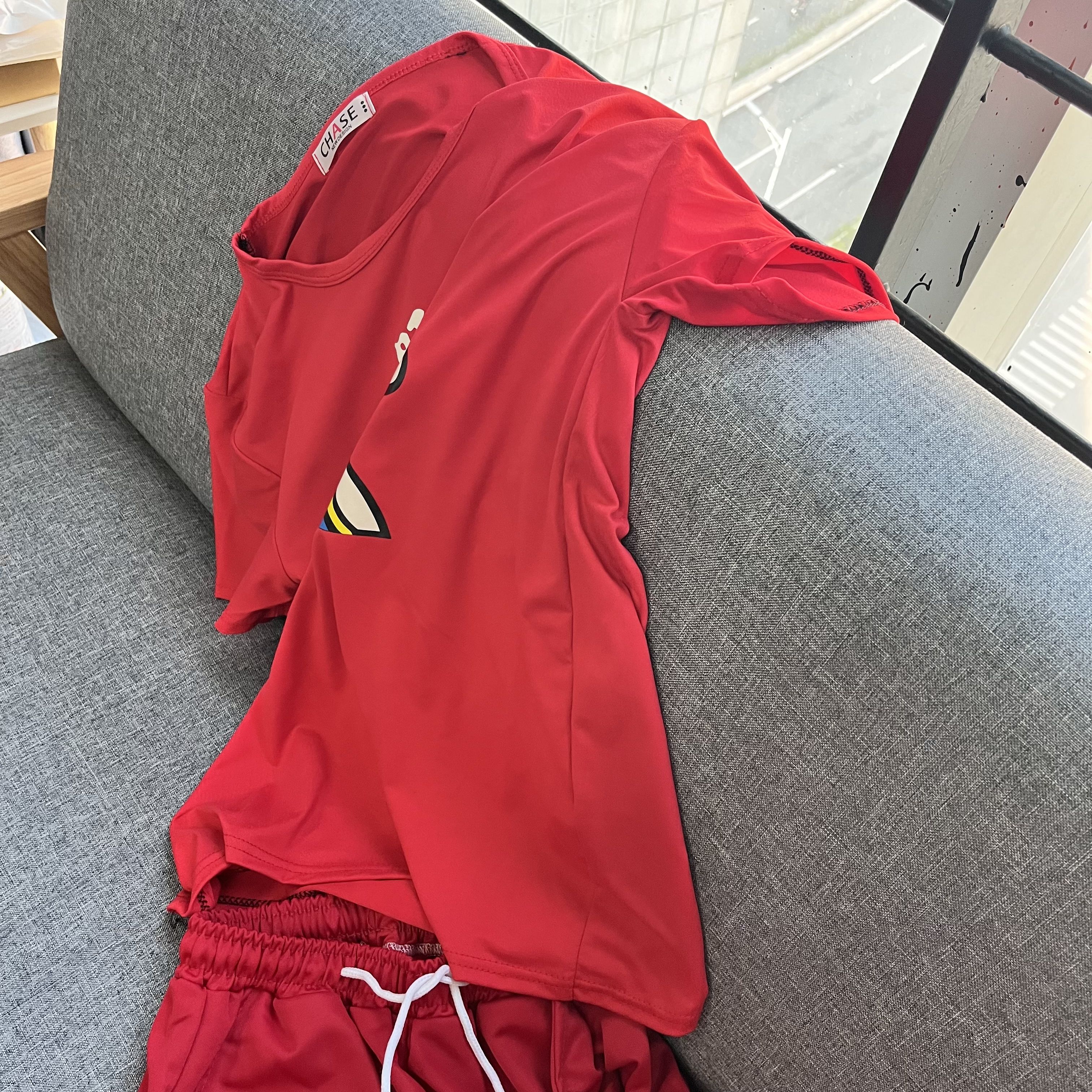 旺仔套装男 抖音网红旺仔紧身衣套装男精神小伙红色t短袖裤子牛奶上衣