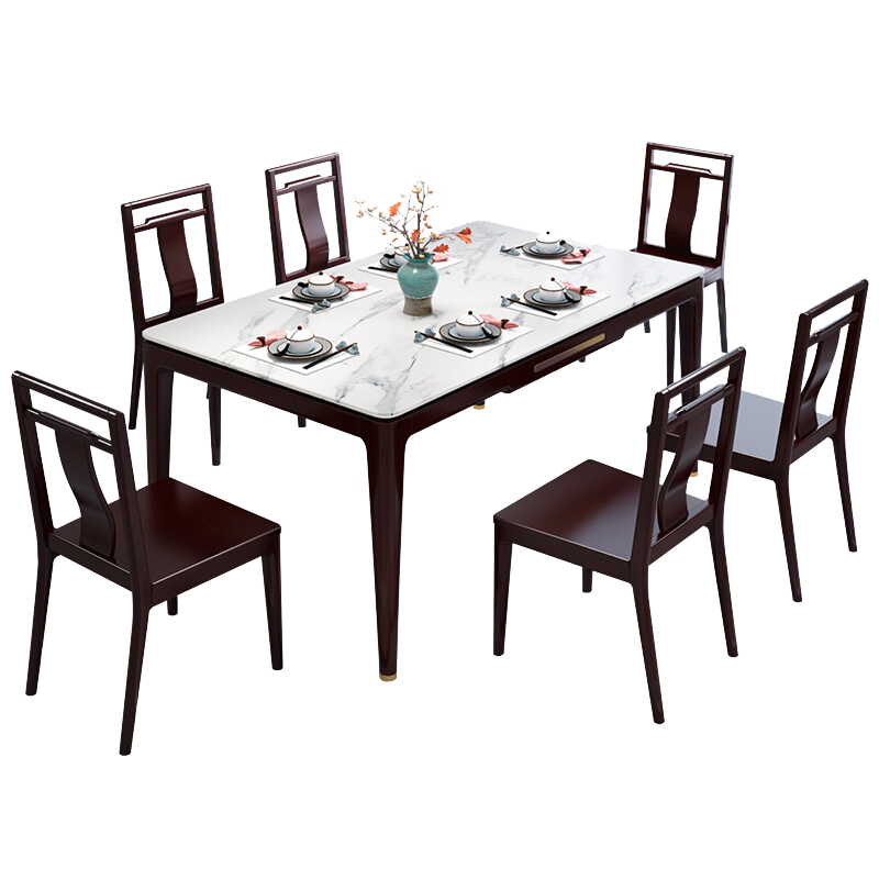 景腾 岩板餐桌椅组合1.5米长方形新中式实木歺桌现代简约1.3米家用吃饭桌子餐厅家具 一桌六椅-975岩板桌面 1.3米餐桌