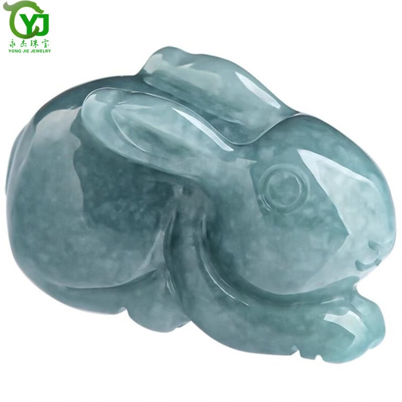 永杰原创新款【前兔似锦】A货翡翠蓝水玉兔立体兔生肖兔玉石吊坠女男